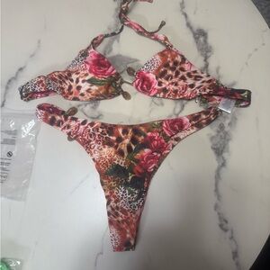 AKIRA Pink and Brown Floral Leopard Bikini